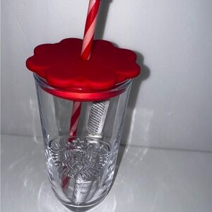 Starbucks Clear Tumbler with Red Floral Lid and Straw
